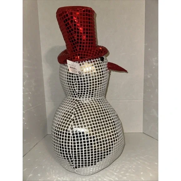 Holiday Snowman Disco Ball Silver Mirrored Tabletop Decor Red Top Hat New - Picture 2 of 4